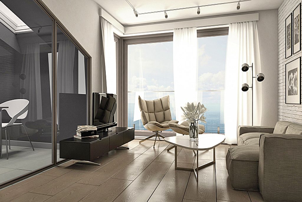 nowoczesny salon w ekskluzywnym apartamencie do sprzedaży nad morzem