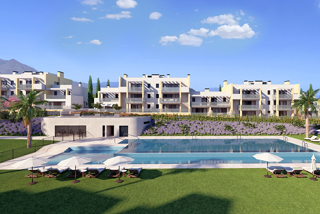 widok na całe osiedle w Hiszpanii (Costa del Sol, Estepona), na którym znajduje się oferowany do sprzedaży ekskluzywny apartament