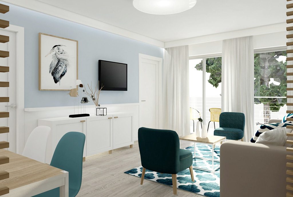 widok na komfortowy salon w luksusowym apartamencie do sprzedaży nad morzem