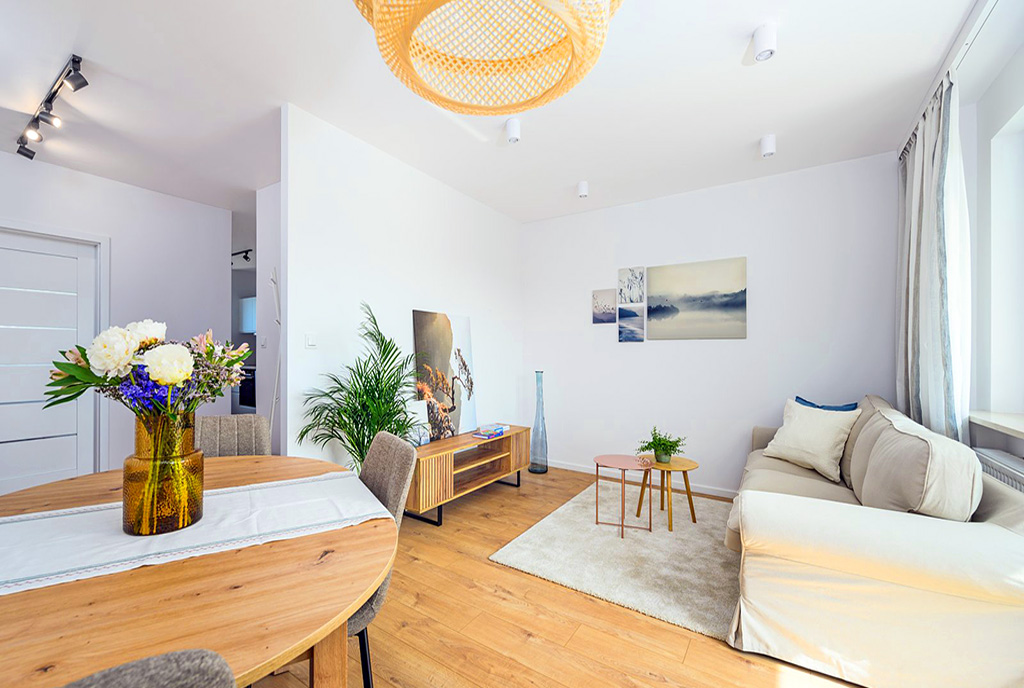 minimalistyczny wystrój salonu w ekskluzywnym apartamencie do sprzedązy Gdańsk