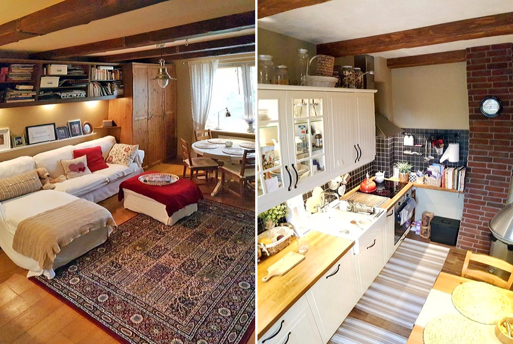 po lewej salon, po prawej kuchnia w luksusowym apartamencie do sprzedaży w Krakowie