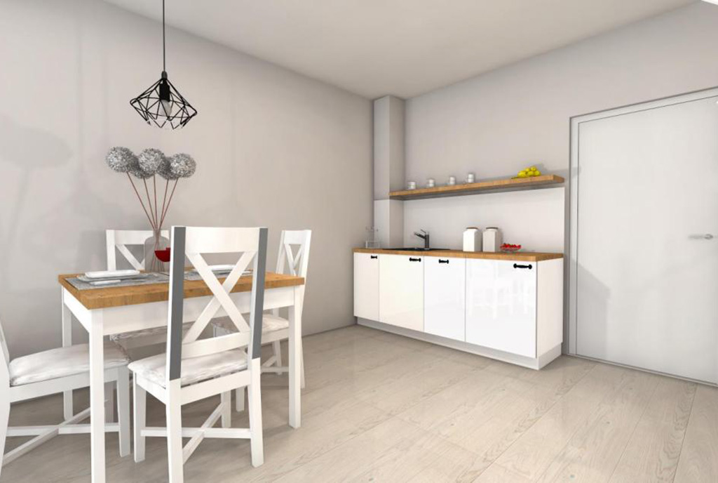 po lewej jadalnia, po prawej aneks kuchenny w luksusowym apartamencie do sprzedaży nad morzem