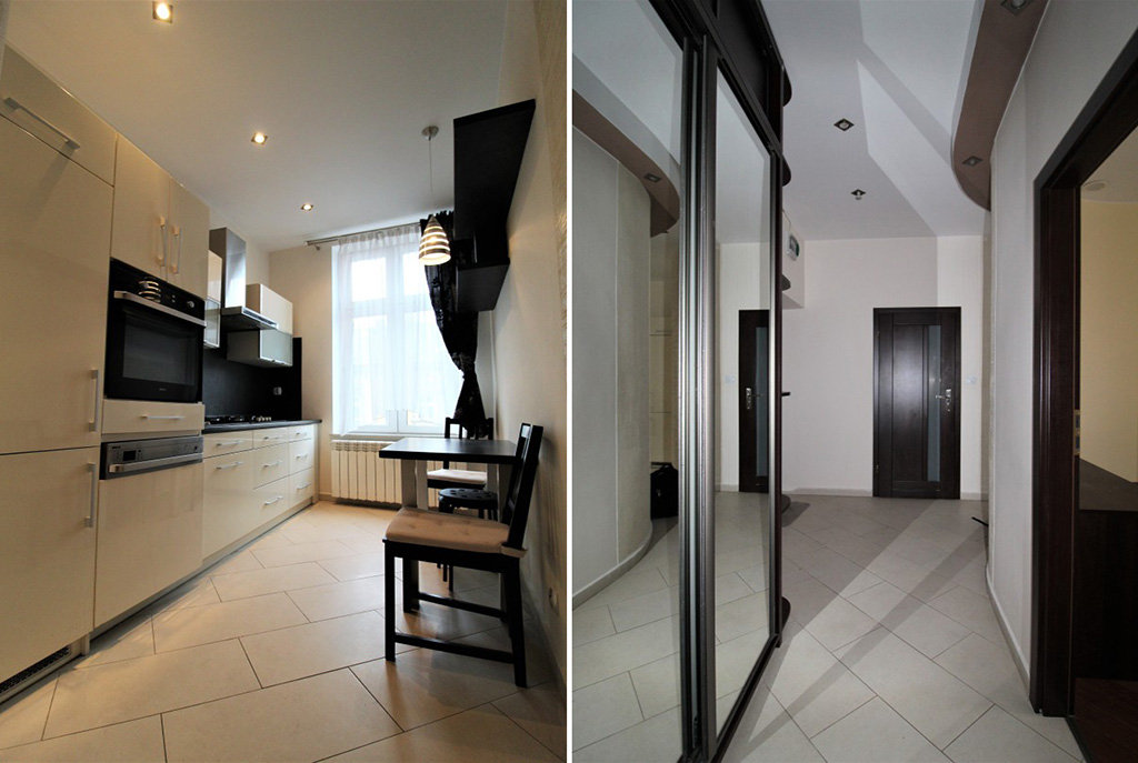 po lewej kuchnia, po prawej przedpokój w luksusowym apartamencie w Krakowie na wynajem