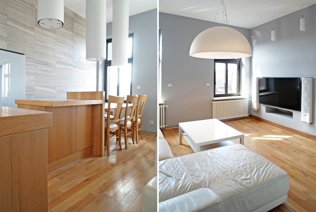 po lewej jadalnia, po prawej salon w ekskluzywnym apartamencie do sprzedaży w Legnicy