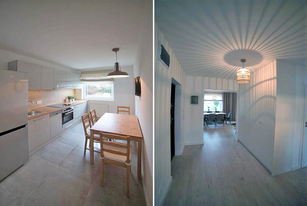 po lewej kuchnia z jadalnią po prawej przedpokój w luksusowym apartamencie do sprzedaży w Szczecinie
