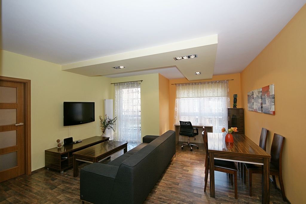 nowocześnie zaprojektowane i urządzone wnętrze salonu w luksusowym apartamencie do wynajęcia w Katowicach