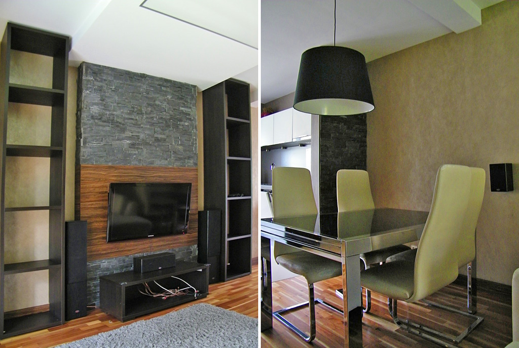 po lewej salon, po prawej jadalnia w ekskluzywnym apartamencie do wynajmu w Krakowie