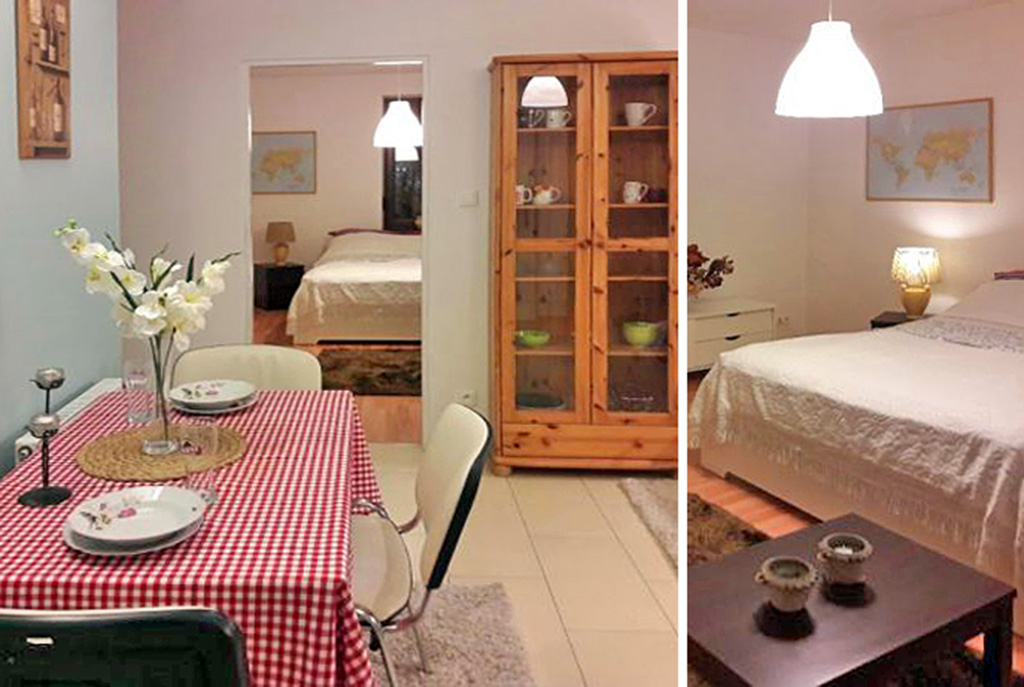 po lewej jadalnia, po prawej sypialnia w luksusowym apartamencie do wynajmu w Szczecinie