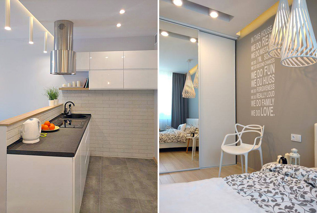 po lewej kuchnia, po prawej sypialnia w ekskluzywnym apartamencie w Katowicach na wynajem