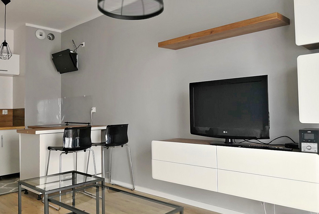nowoczesny salon w ekskluzywnym apartamencie do wynajęcia w Krakowie