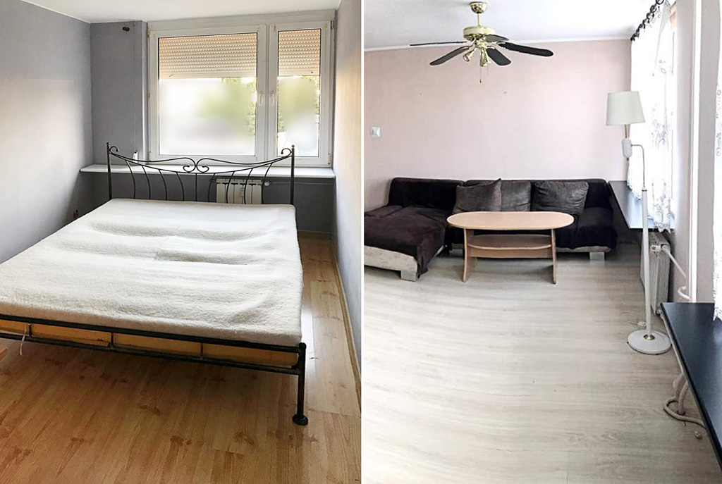 po lewej sypialnia, po prawej salon w luksusowym apartamencie do wynajmu w Szczecinie