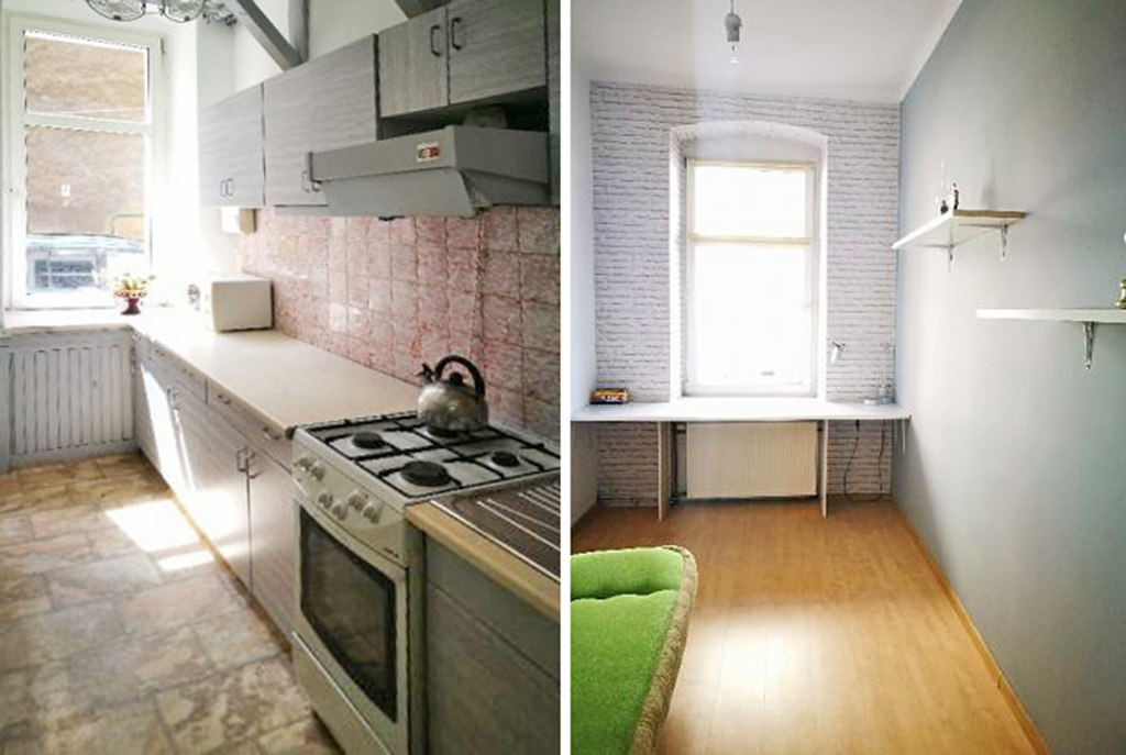 po lewej kuchnia, po prawej pokój w luksusowym apartamencie do sprzedaży w Szczecinie