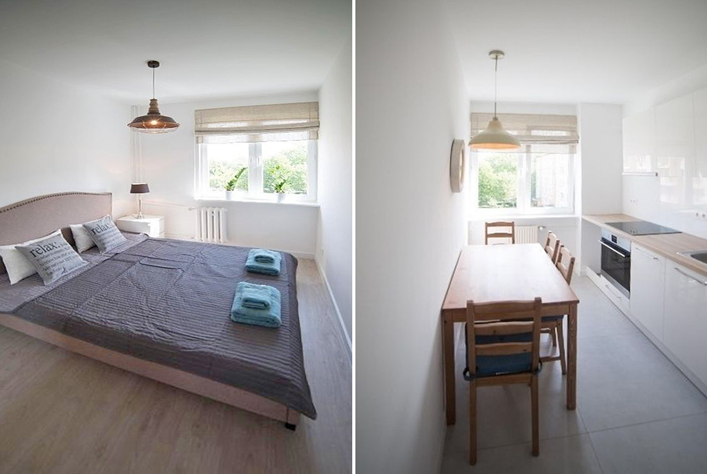po lewej sypialnia, po prawej kuchnia w luksusowym apartamencie w Szczecinie na sprzedaż