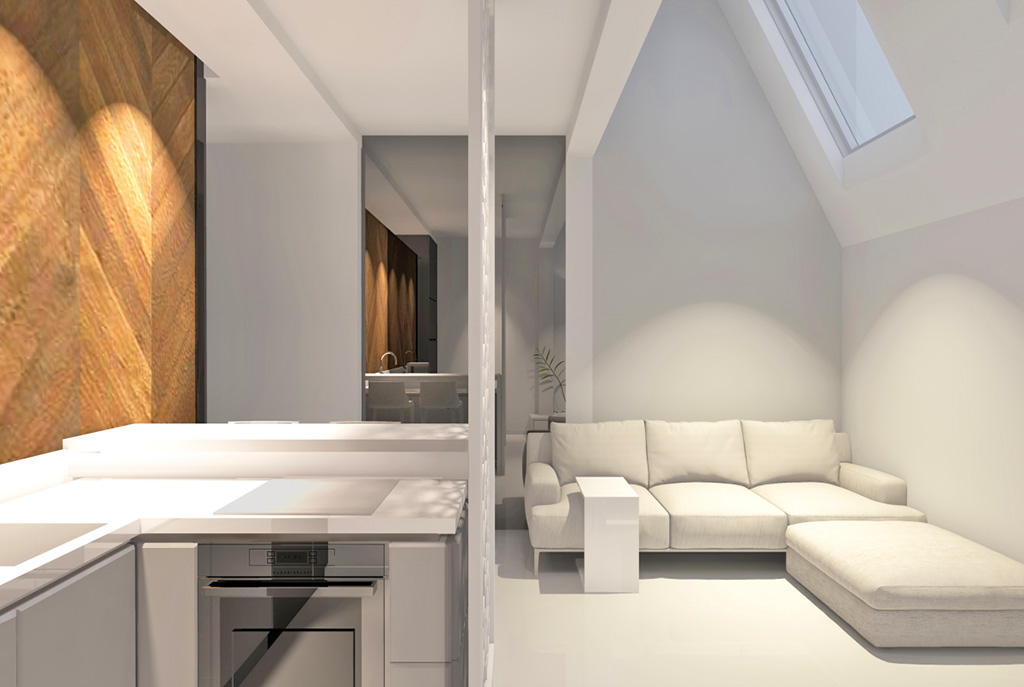 po lewej jadalnia, po prawej salon na wizualizacji wnętrza ekskluzywnego apartamentu do sprzedaży w Szczecinie