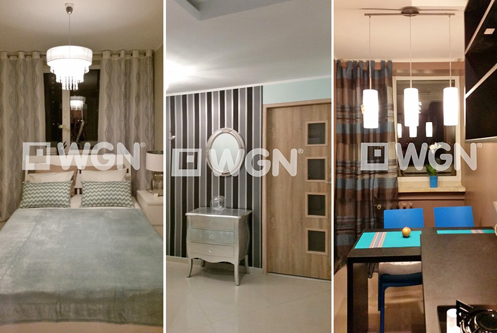 od lewej: sypialnia, przedpokój i kuchnia w luksusowym apartamencie w Katowicach na wynajem