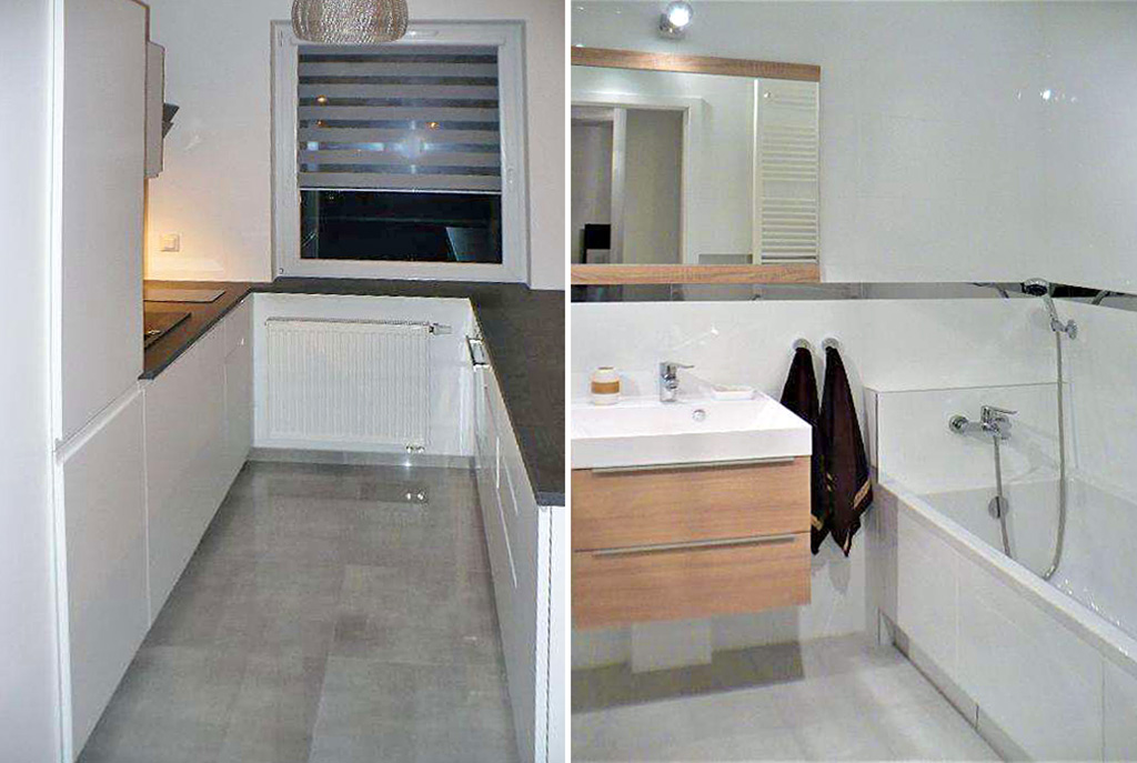po lewej kuchnia, po prawej łazienka w luksusowym apartamencie w Katowicach na wynajem
