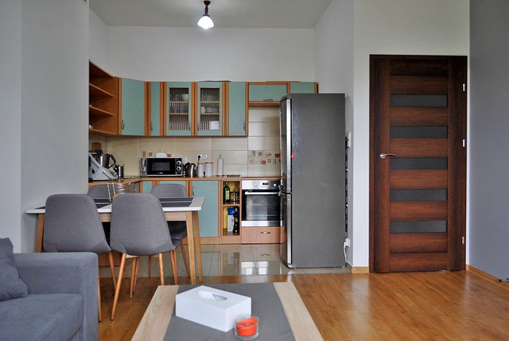 widok na aneks kuchenny w ekskluzywnym apartamencie do wynajmu w okolicach Legnicy