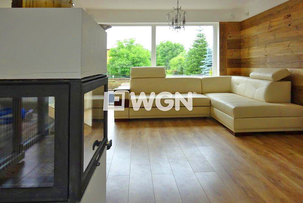 na pierwszym planie stylowy kominek w salonie luksusowej willi w okolicach Bielska-Białej na sprzedaż