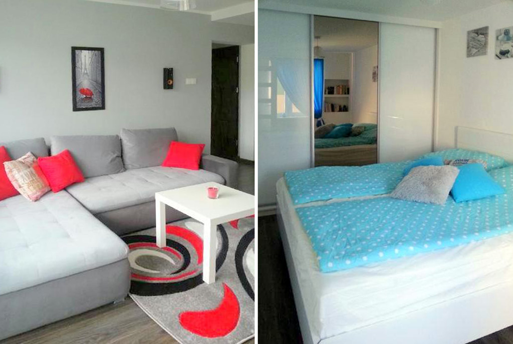 po lewej salon, po prawej sypialnia w luksusowym apartamencie do sprzedaży w okolicach Katowic