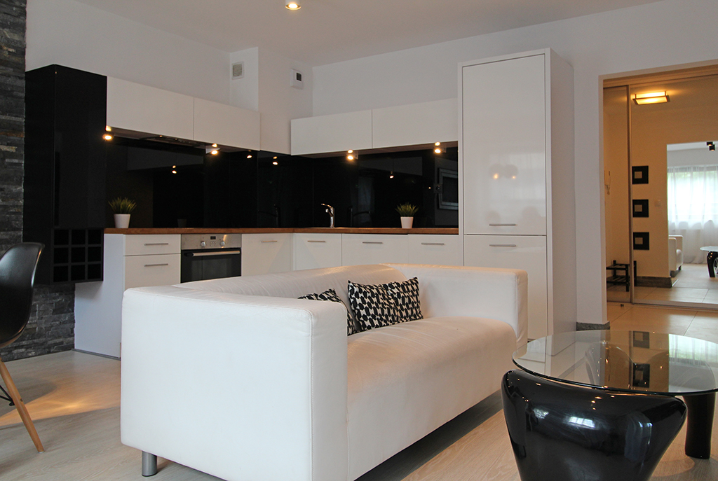 widok na komfortową kuchnię w ekskluzywnym apartamencie do wynajmu w Krakowie