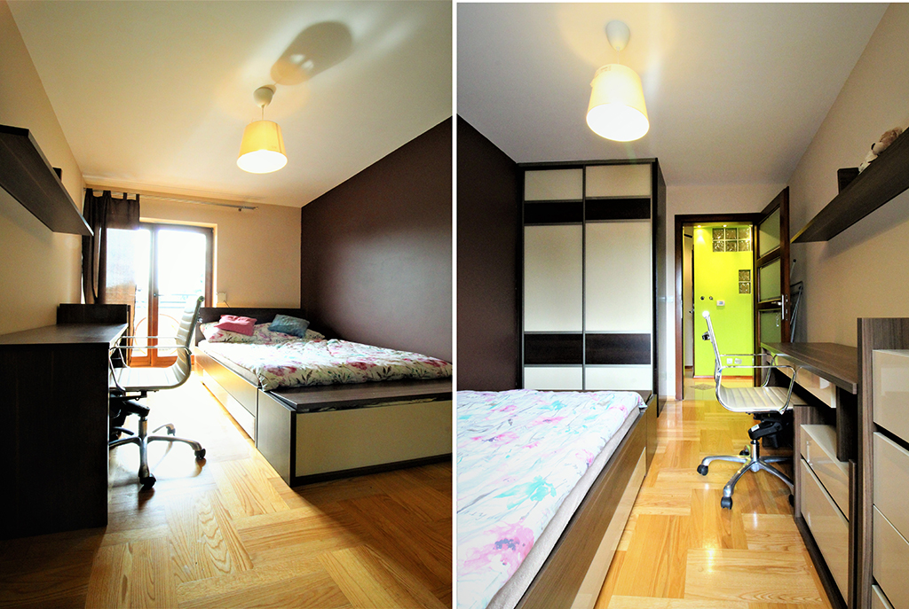 widok na sypialnię z dwóch stron w ekskluzywnym apartamencie w Krakowie na wynajem