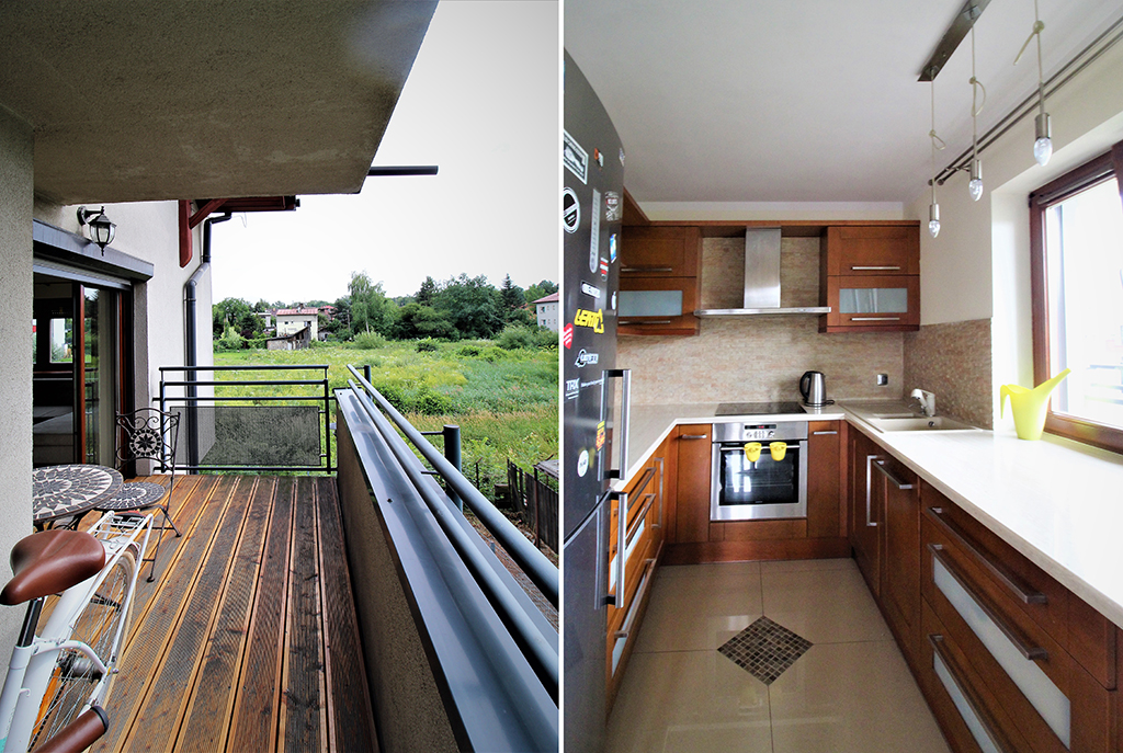 po lewej taras, po prawej kuchnia w luksusowym apartamencie do wynajmu w Krakowie