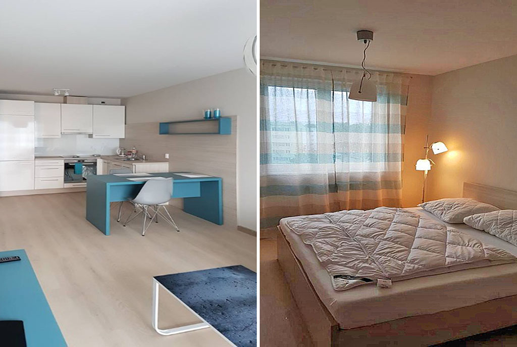 po lewej kuchnia, po prawej sypialnia w luksusowym apartamencie w Szczecinie na wynajem
