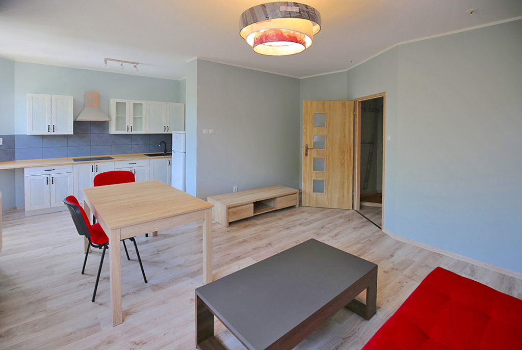 widok od strony salonu na aneks kuchenny w ekskluzywnym apartamencie do wynajmu w Szczecinie