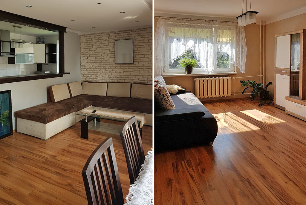 dwa ujęcia salonu z różnych perspektyw w luksusowym apartamencie do wynajmu w Krakowie