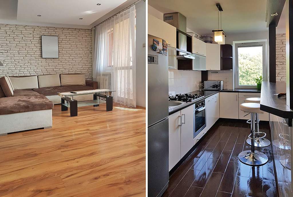 po lewej komfortowy salon, po prawej nowoczesna kuchnia w luksusowym apartamencie w Krakowie na wynajem
