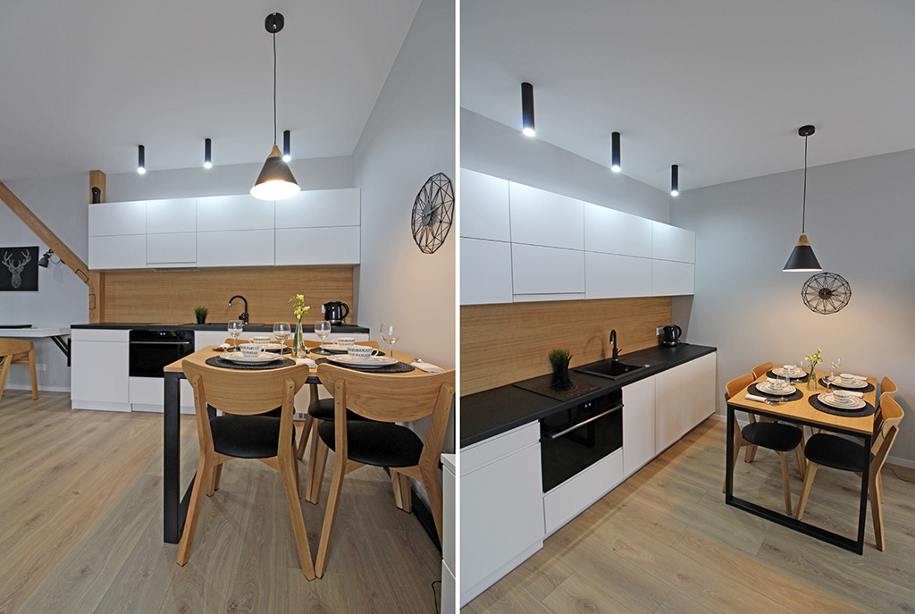 po lewej jadalnia, po prawej kuchnia w luksusowym apartamencie do wynajmu w Krakowie