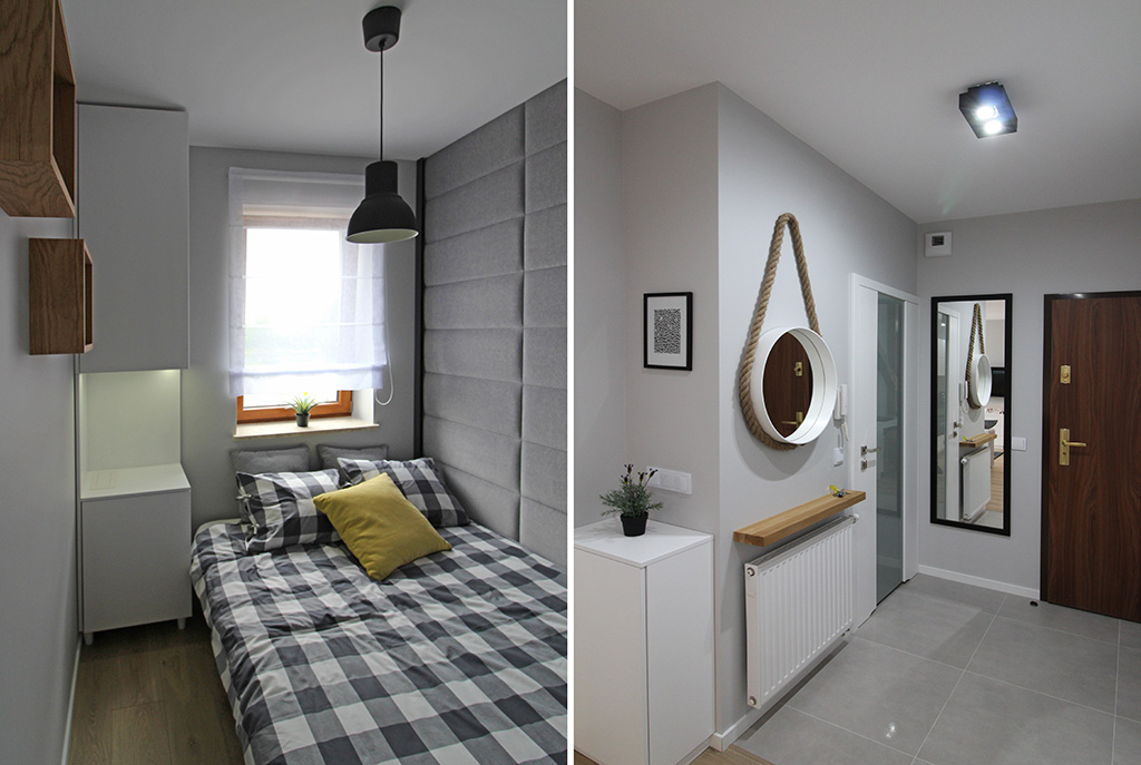 widok na sypialnię oraz przedpokój w luksusowym apartamencie w Krakowie na wynajem