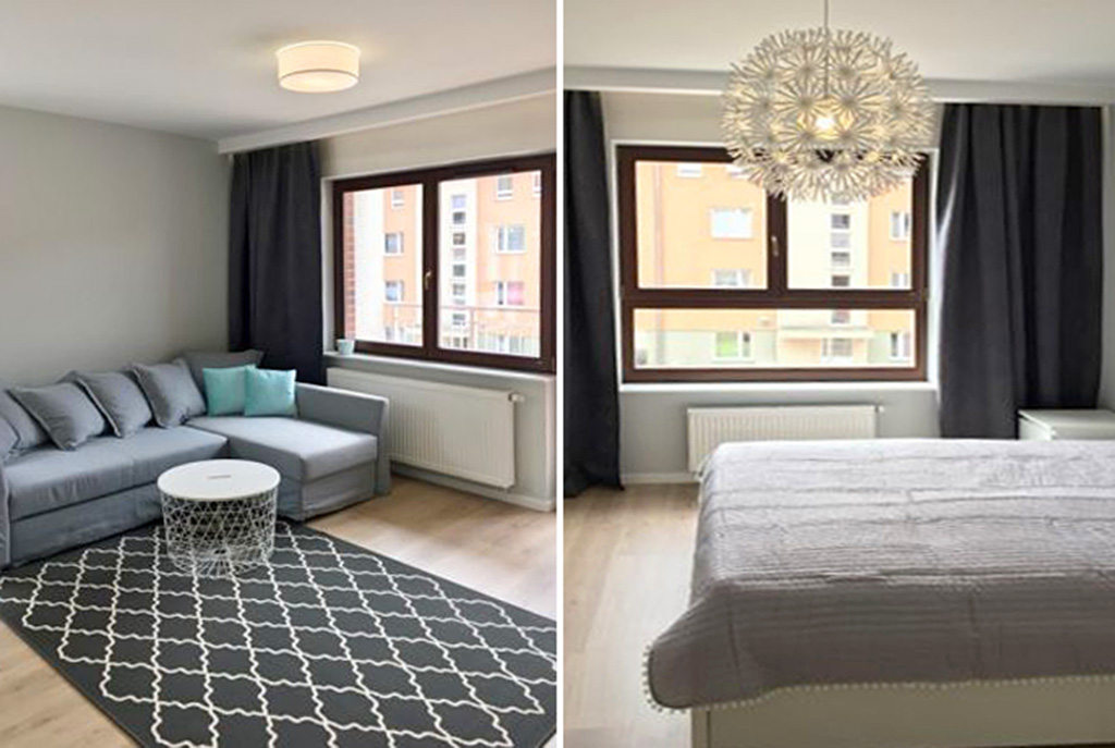 po lewej salon, po prawej sypialnia w luksusowym apartamencie w Szczecinie na wynajem