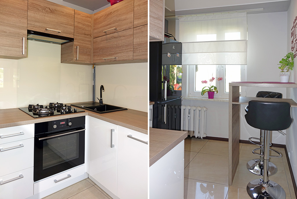 oba zdjęcia prezentują kuchnię w luksusowym apartamencie w okolicach Katowic na sprzedaż