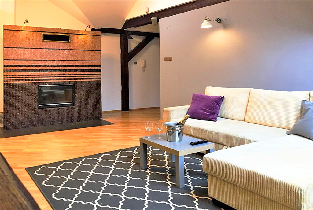 fragment salonu z kominkiem w luksusowym apartamencie w Krakowie na wynajem
