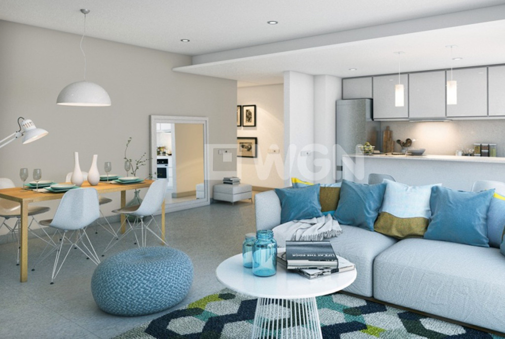widok na jadalnię i salon na drugim planie w luksusowym apartamencie do sprzedaży w Hiszpanii (Alicante, Javea)