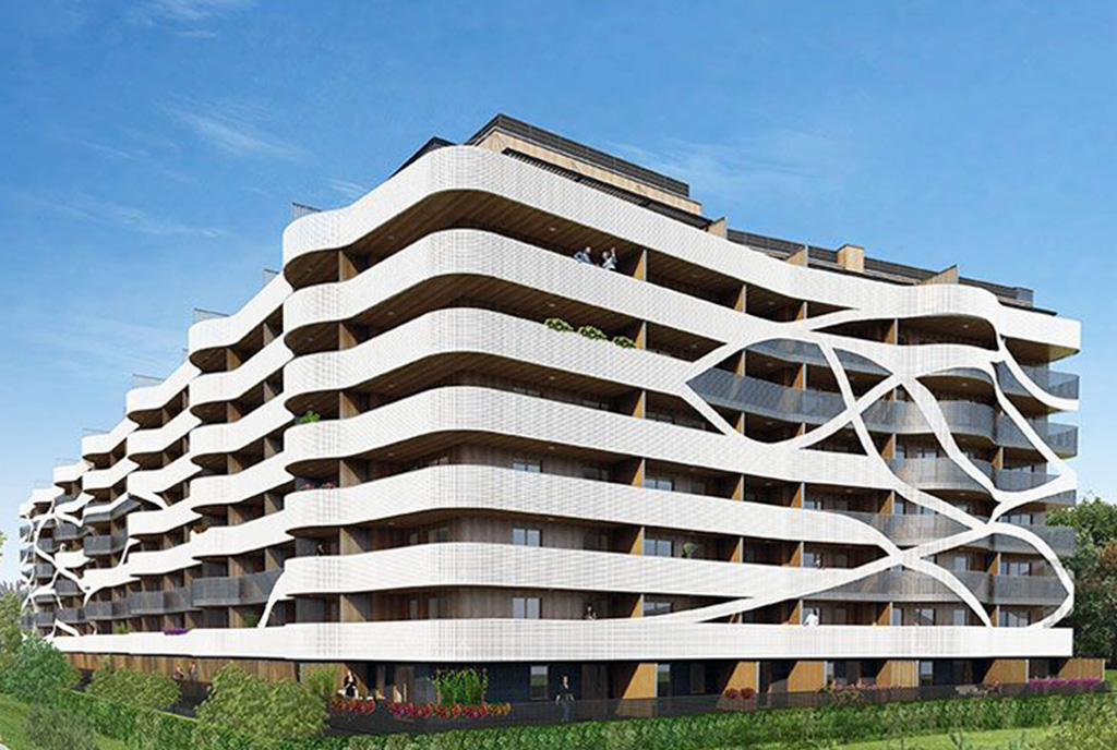 rzut z innej perspektywy na luksusowy apartamentowiec w Krakowie, gdzie mieści się oferowany na sprzedaż ekskluzywny apartament