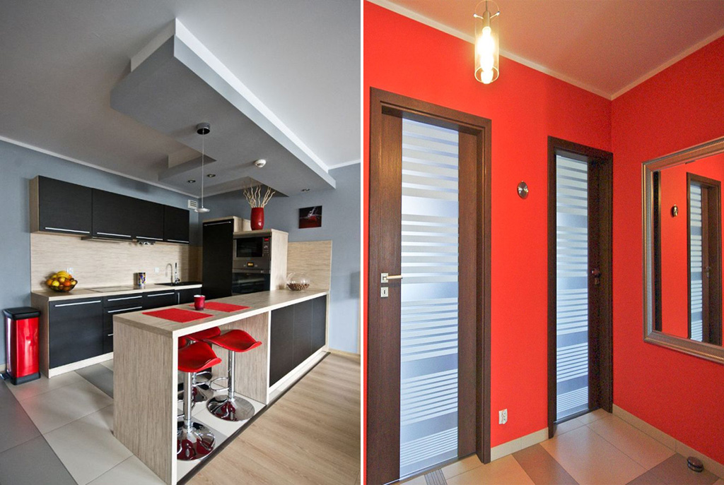 po lewej kuchnia, po prawej przedpokój w luksusowym apartamencie do sprzedaży w okolicach Katowic