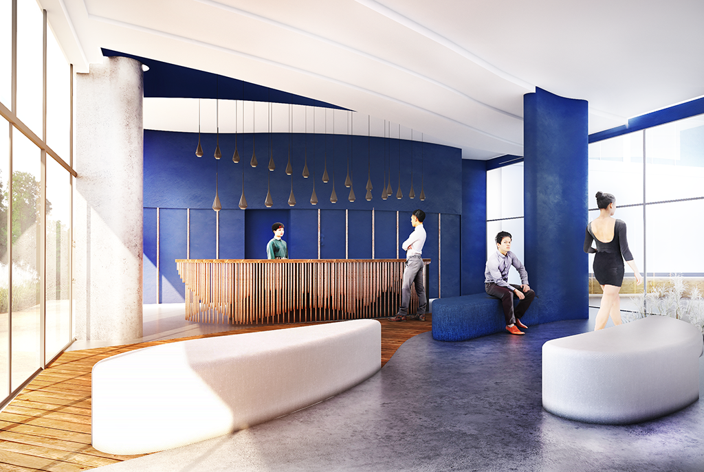 prestiżowe lobby w apartamentowcu nad morzem, gdzie mieści się oferowany na sprzedaż ekskluzywny apartament