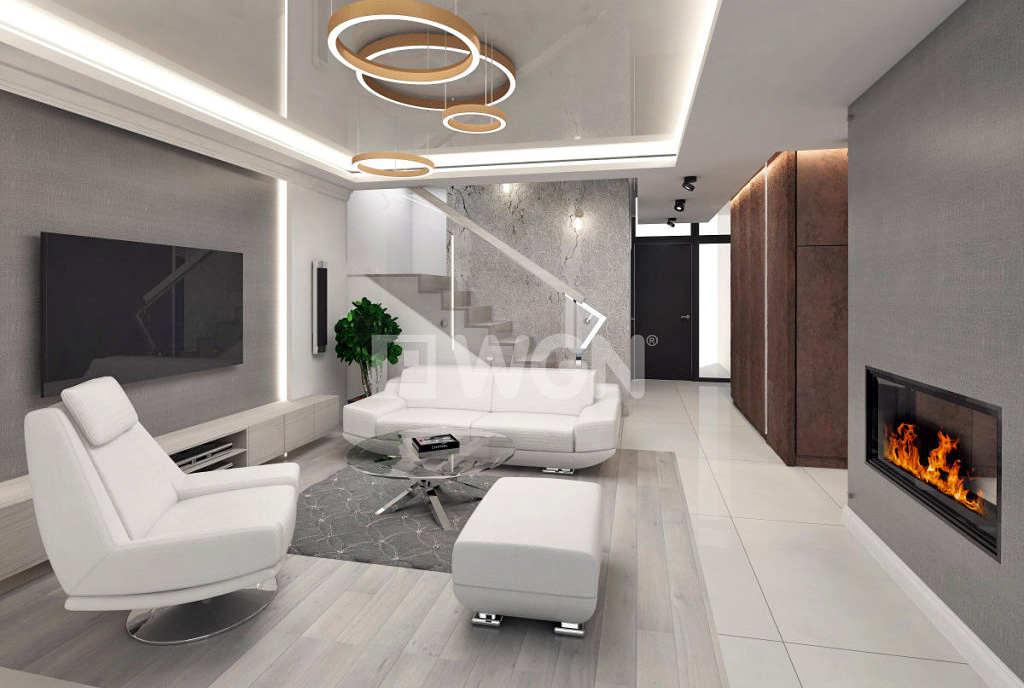 nowocześnie zaprojektowany salon w ekskluzywnej willi do sprzedaży na Mazurach