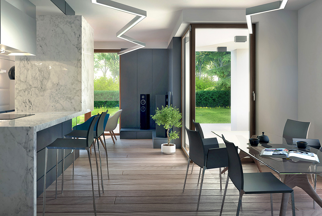 zaprojektowany w nowoczesnym designie salon luksusowej willi do sprzedaży w okolicach Łodzi