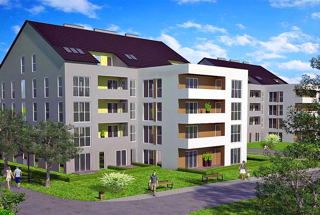 widok na osiedle w okolicach Krakowa, gdzie znajduje się oferowany na sprzedaż luksusowy apartament