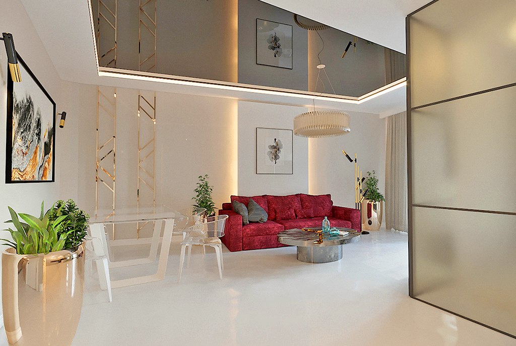 widok z innej perspektywy na luksusowy salon w ekskluzywnym apartamencie do sprzedaży Kraków