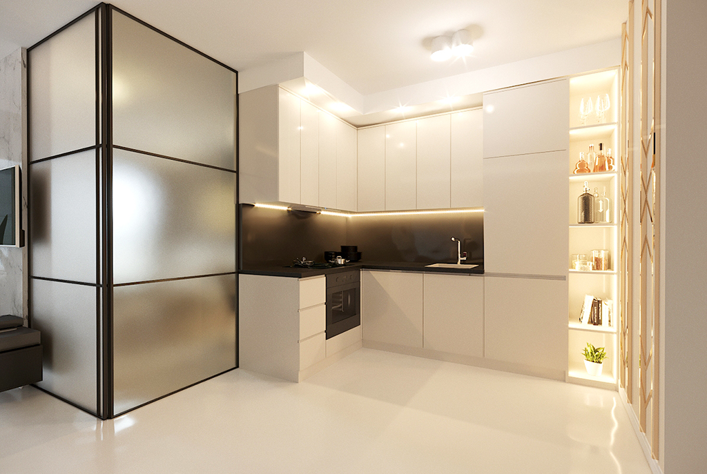 zaprojektowana w nowoczesnym designie kuchnia w luksusowym apartamencie Kraków na sprzedaż