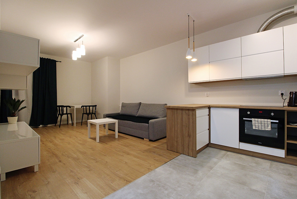 po prawej aneks kuchenny, po lewej salon w luksusowym apartamencie do wynajmu Kraków
