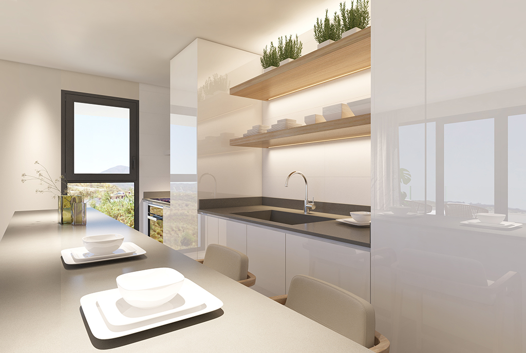 urządzona w nowoczesnym stylu kuchnia w luksusowym apartamencie do sprzedaży Hiszpania (Fuengirola, Costa del Sol)