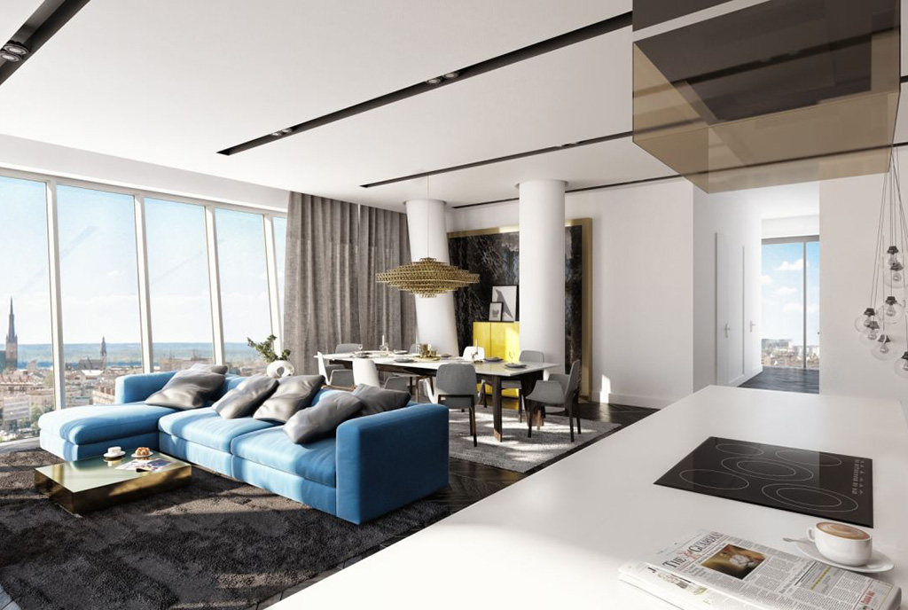 widok na przestronne, eleganckie wnętrze luksusowego apartamentu do wynajmu Szczecin