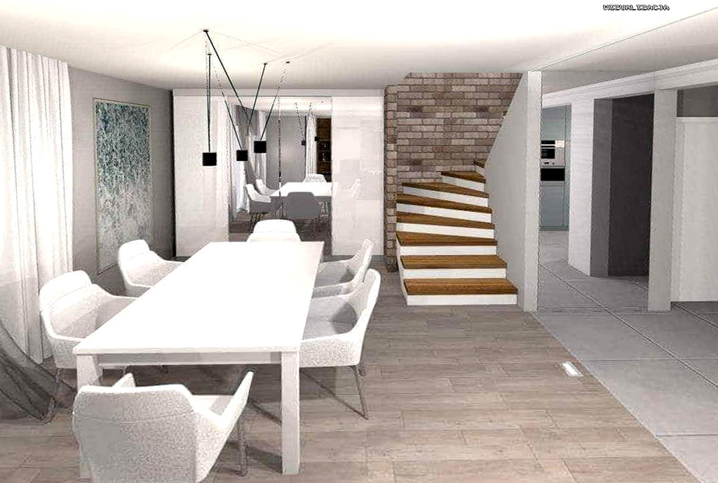po lewej jadalnia, po prawej schody na drugi poziom w luksusowym apartamencie do sprzedaży Chrzanów (okolice)