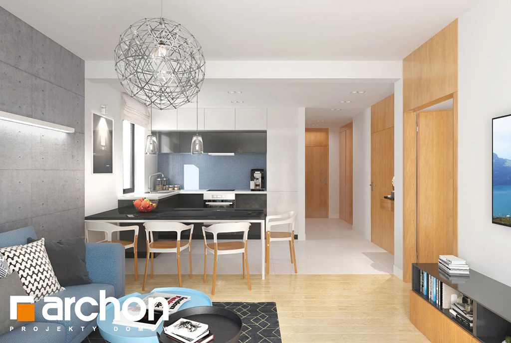 widok od strony salonu na aneks kuchenny w ekskluzywnym apartamencie do sprzedaży Legnica (okolice)