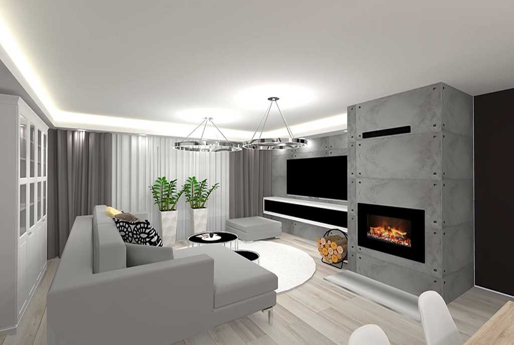 futurystyczny salon z kominkiem w luksusowym apartamencie do sprzedaży Grudziądz